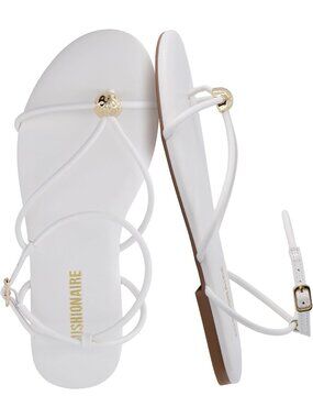 Women's White Strappy Flat Sandals Toe Ring Sandals with Adjustable Buckle